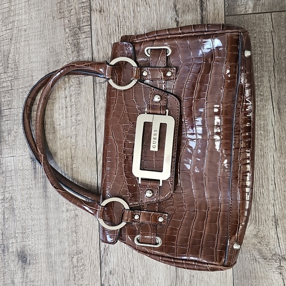 Guess Shiny Brown Croc-Embossed Shoulder Bag
